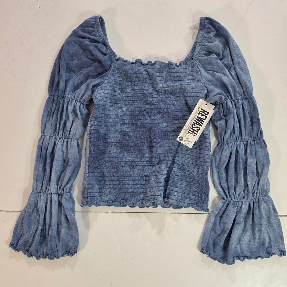 Rewash Brand Knits Blue Smocked Long Bubble Sleeve Square Neck Top Womens M NWT
